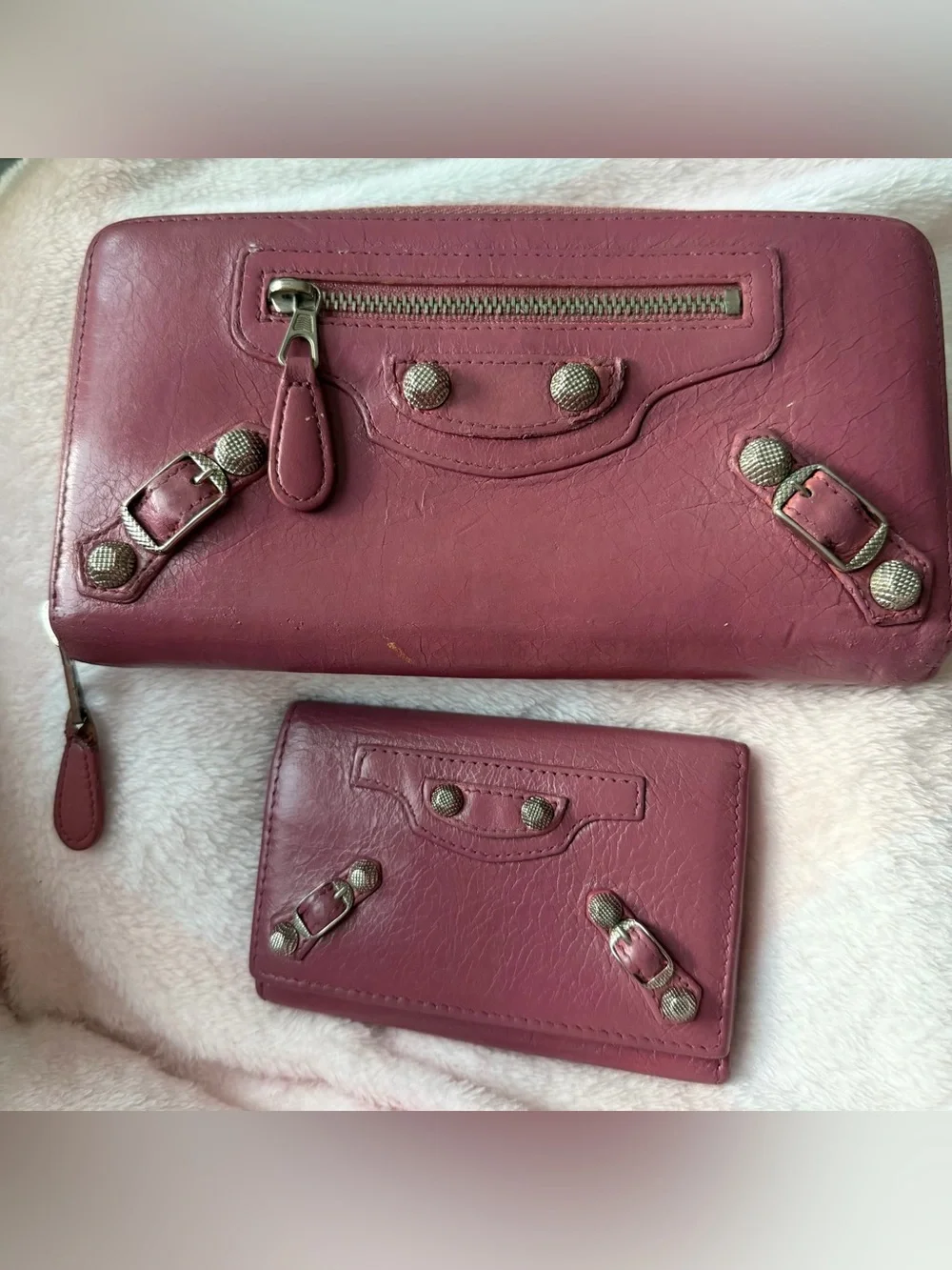 Balenciaga authentic Paris Leather Wallet and Key Case Set Mauve Pink